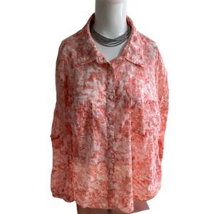 Talbots 22WP petite Floral Button-Up Shirt Long Sleeve Relaxed Fit Peach‎ White